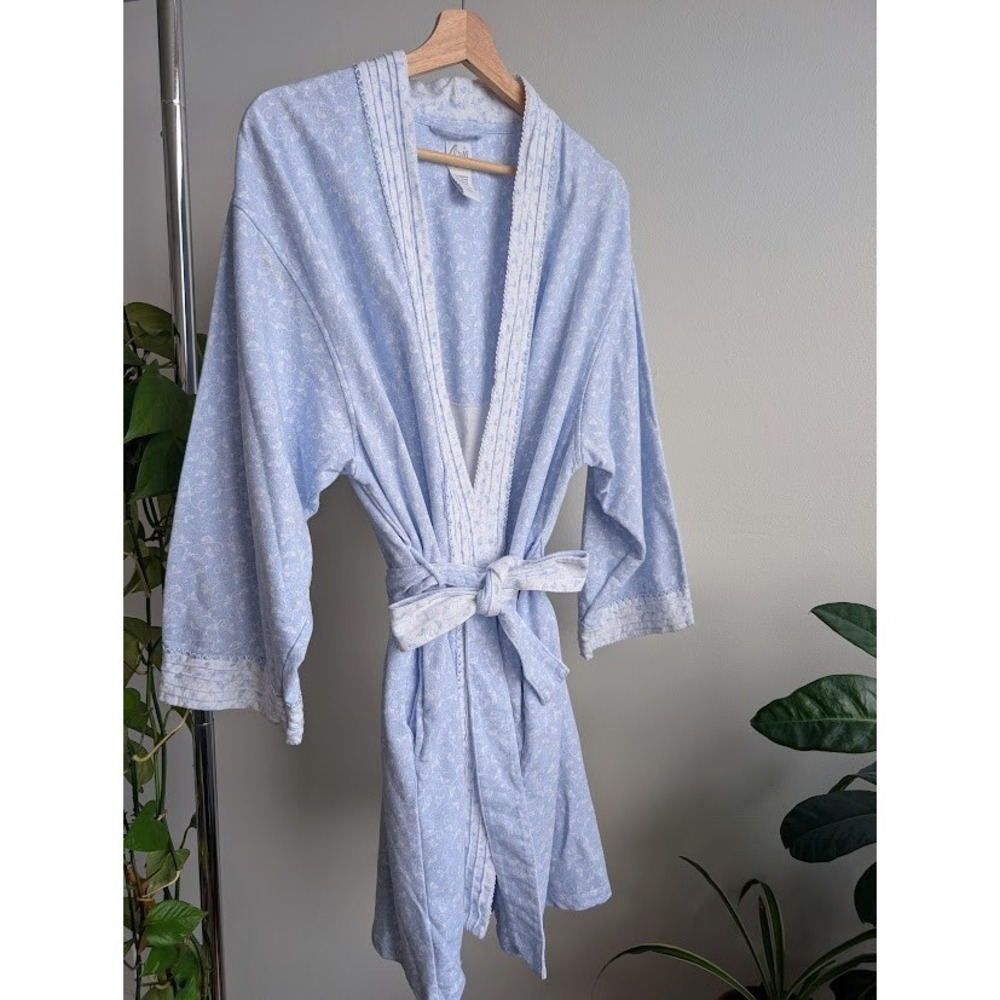 100% cotton robe XL cottagecore light blue wrap bathrobe butterfly belted pocket
